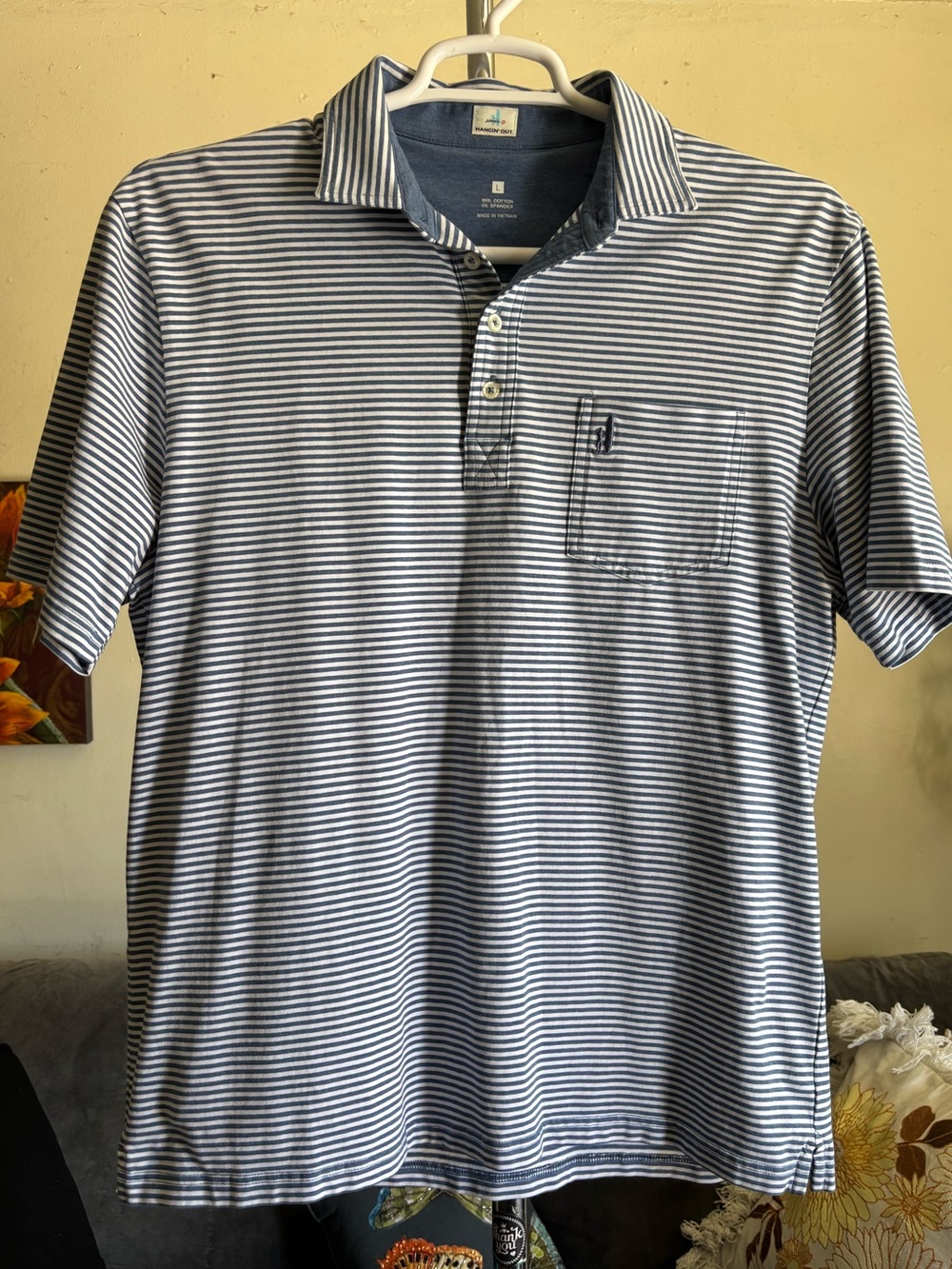 Johnnie-O Hangin’ Out Preppy Striped Blue White Polo Size L